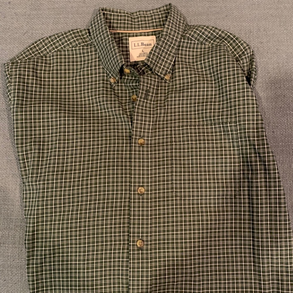 LL Bean Green Plaid Button Down Size Large Tall